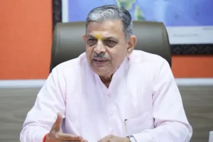 Dattatreya Hosabale, general secretary of the Rashtriya Swayamsevak Sangh (RSS), speaks to foreign media at the RSS office in New Delhi, India, on May 12, 2026 [Anushree Fadnavis/Reuters]